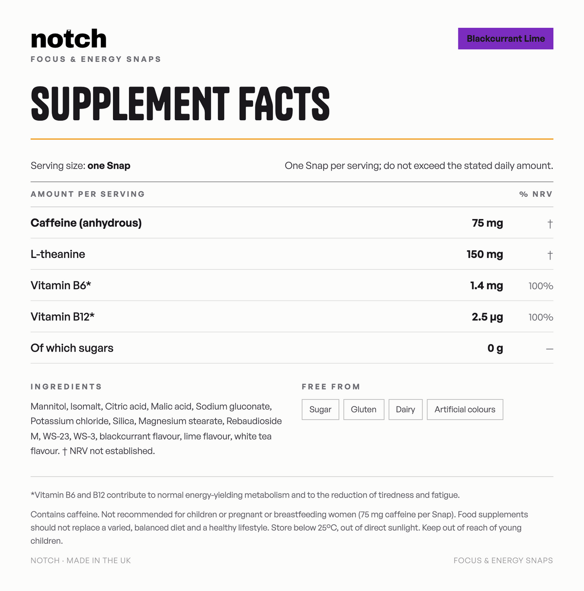 Notch Blackcurrant Lime — supplement facts panel