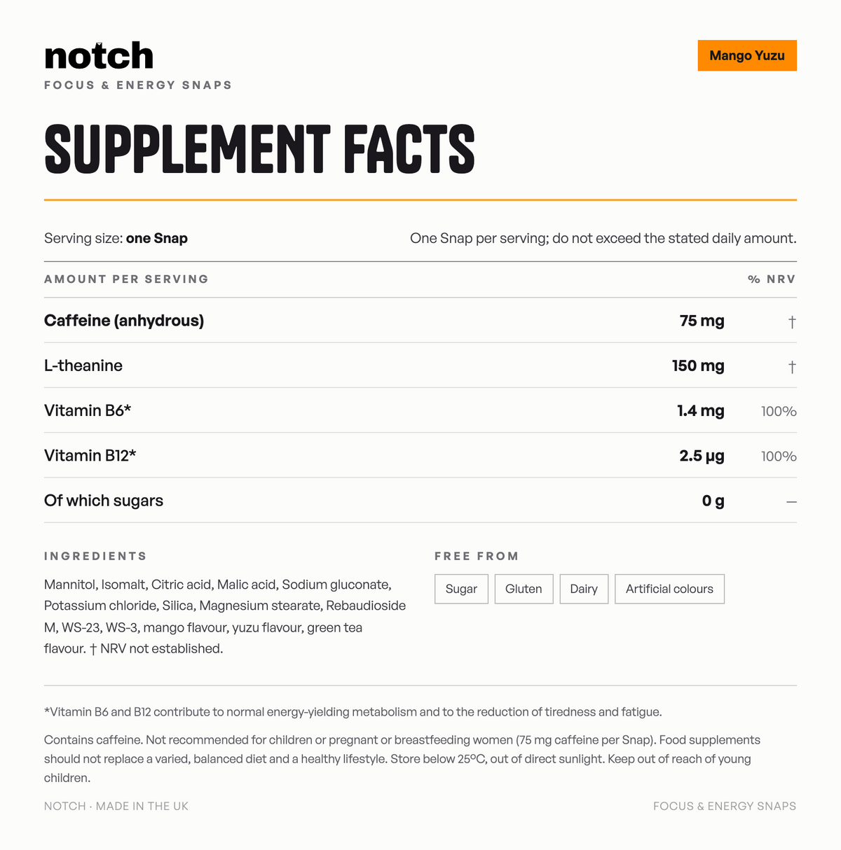 Notch Mango Yuzu — supplement facts panel