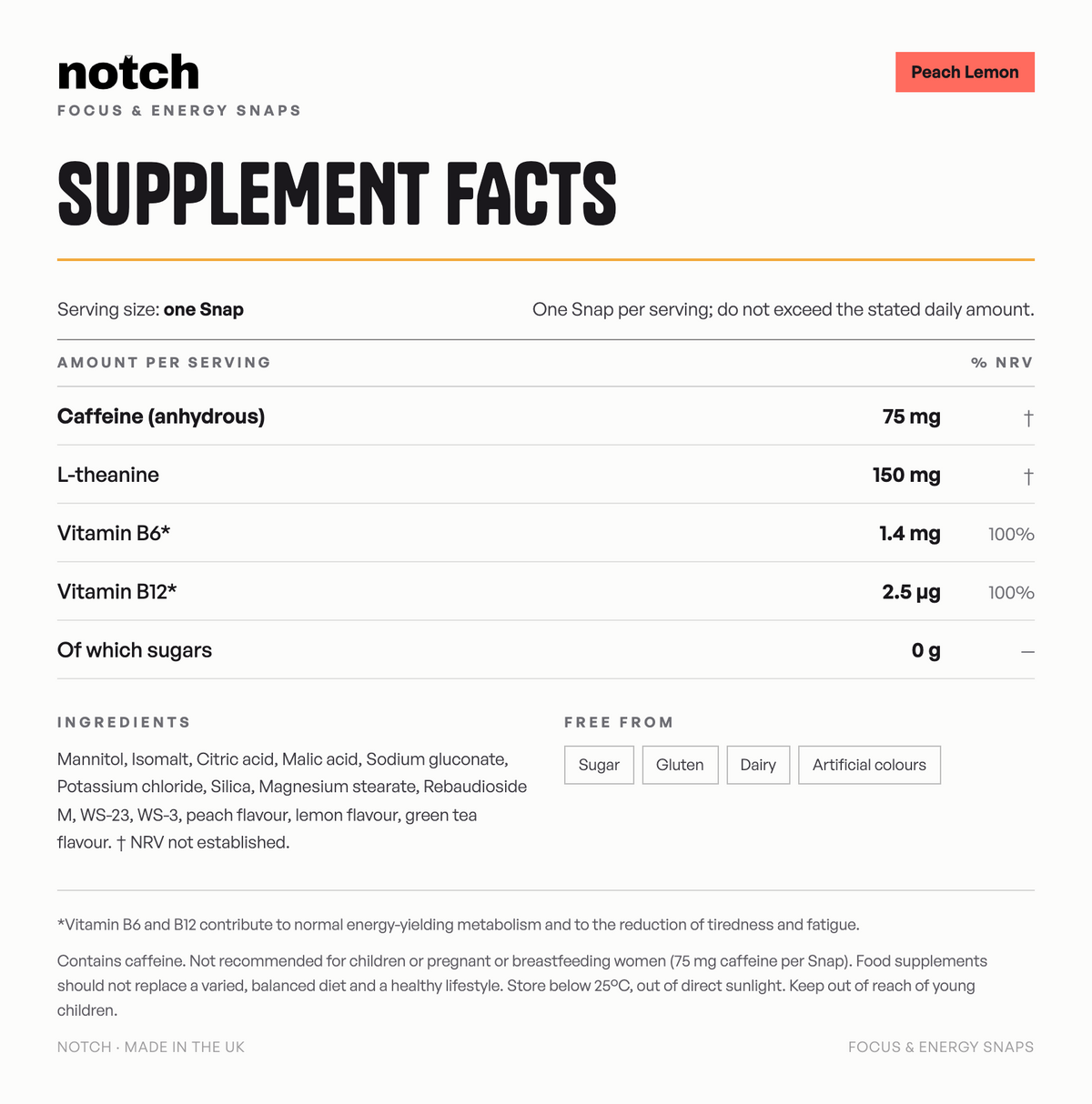 Notch Peach Lemon — supplement facts panel